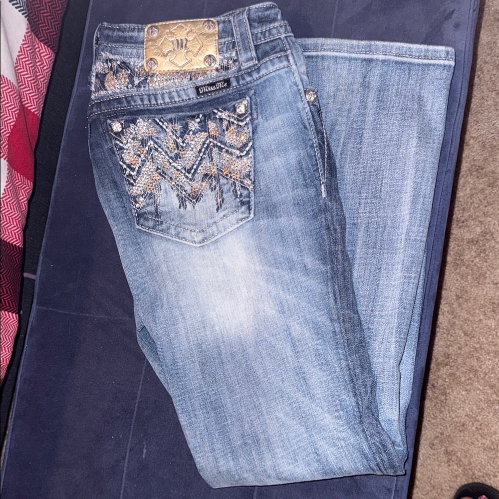 Miss Me Blue Jeans with Gold Embellishments